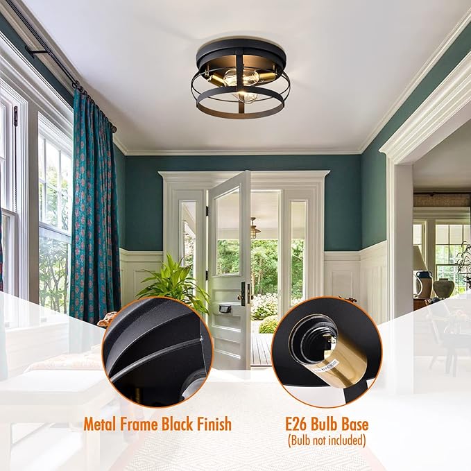 2-Light Farmhouse Flush Mount Ceiling Light,Modern Black Vintage Rustic Industrial Light Fixtures for Kitchen Dining Room Bedroom Hallway Foyer Entryway.
