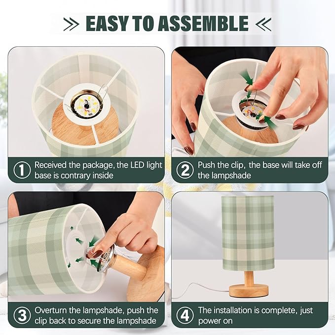 Aslsiy Sage Green Plaid Bedside Table Lamp Checked Nightstand Lamp Night Light Fabric Shade for Bedroom Living Room Home Office