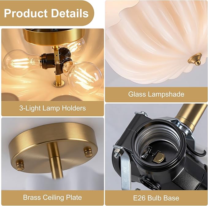 Gold Flush Mount Ceiling Light, 3-Light Hallway Light Fixtures, 15.7'' Vintage Brushed Brass Glass Ceiling Lights with Milky Glass Flower Shade for Entryway Dining Living Room Foyer