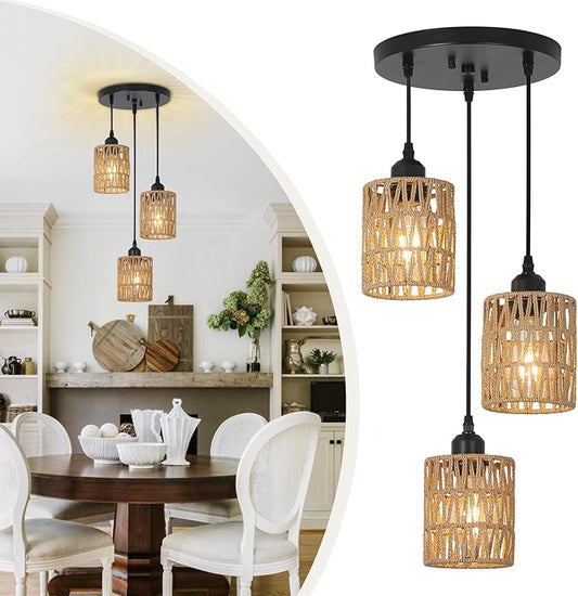 LAMSU 3 Lights Rattan Pendant Light, Farmhouse Dining Room Light Fixtures Ceiling Hanging, Boho Pendant Lighting with Hand Woven Wicker Shades for Kitchen Island Living Room Bedroom Foyer Hallway
