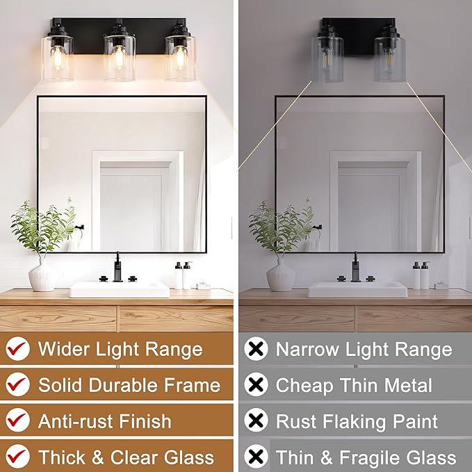 Black Bathroom Light Fixture, 3 Light Matte Black Vanity Light, 18.8" Modern Farmhouse Bathroom Lighting Fixtures Over Mirror, with Clear Glass Shade, Vanity Lights for Bathroom, Bedroom, Hallway