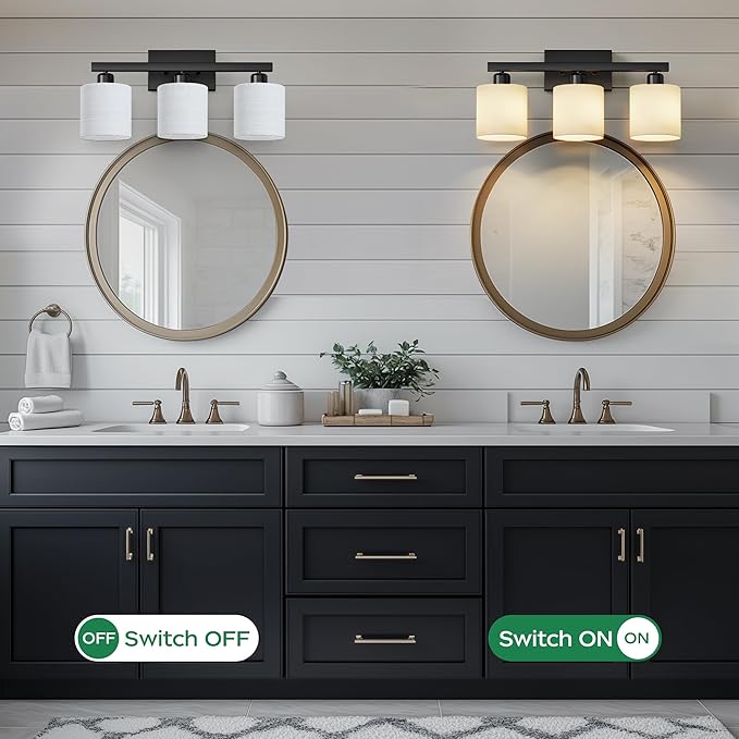 PARTPHONER Bathroom Light Fixtures, Bathroom Lighting Fixtures Over Mirror, Interior Classic Vanity Lights, Modern Vanity Light with Textured White Glass Shade, Matte Black, 3-Light