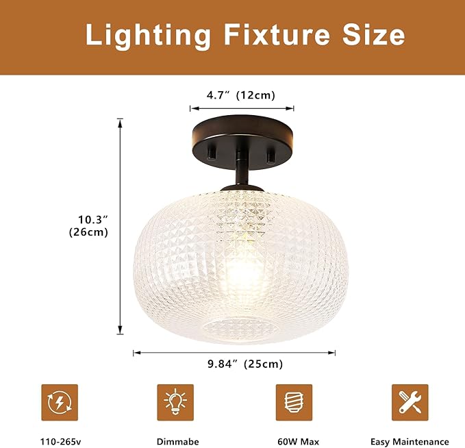 Modern Black Flush Mount Ceiling Light Fixtures,Hammered Globe Lighting Adjustable Hanging with Seeded Glass Lampshade for Entryway Bedroom Kitchen Hallway Laundry Room,E26 1-Light Lamp,9.84 In
