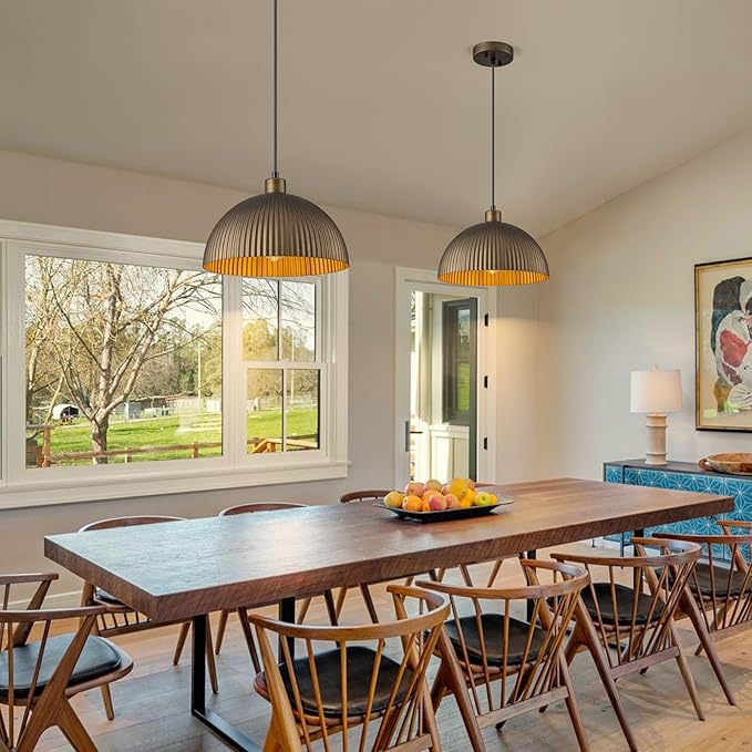Lingkai Vintage Antique Brass Dome Pendant Light, 11.8'' Pendant Lights Kitchen Island, Hanging Ceiling Light Striped Metal Shade