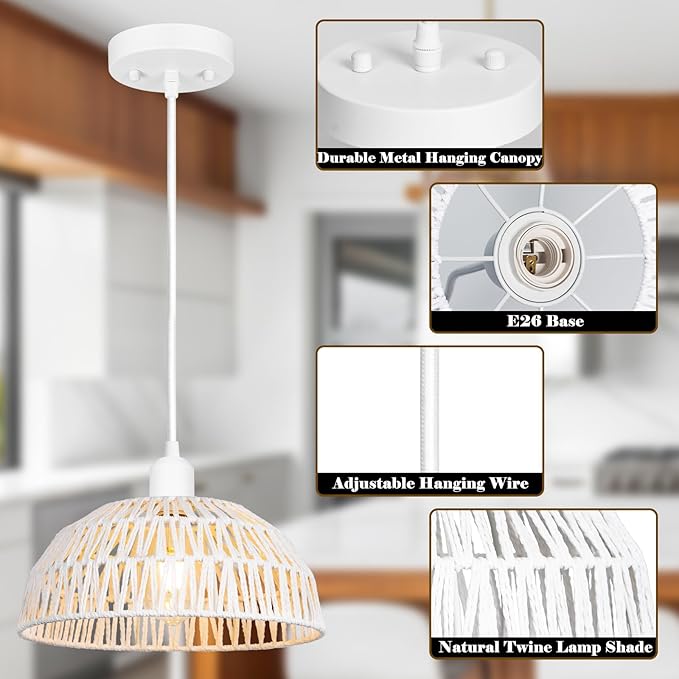 Rattan Pendant Light Fixtures 2 Packs, White Boho Woven Basket Pendant Light, Handmade Wicker Hanging Lamp, Rattan Chandelier for Kitchen Island, Dining Room, Living Room, Bedroom, E26 Base
