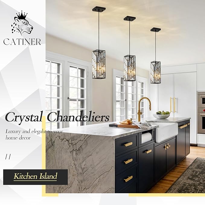 CATINER Black Crystal Pendant Light, Mini Hanging Light Fixture with Adjustable Cord, Modern Industrial Pendant Lighting for Kitchen Island, Dining Room, Bedroom, Hallway, E26 Base (1 Pack)