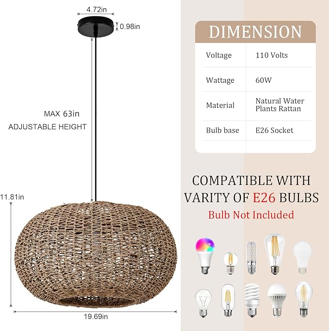 19.7in Rattan Light Coastal Pendant Lights Brown Wicker Hanging Ceiling Chandelier Lighting Fixture for Dining Room Restaurant Kitchen Island Living Room Hallway Yard Bedroom 1-Light