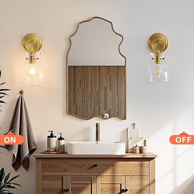 Gold Wall Sconce 1-Light Hardwired Wall Mount Modern Farmhouse Vanity Light Fixtures with 6 Inch Clear Glass Shade, Wall Lights for Bathroom, Bedroom, Living Room, Mirror, Kitchen, 1 Pack