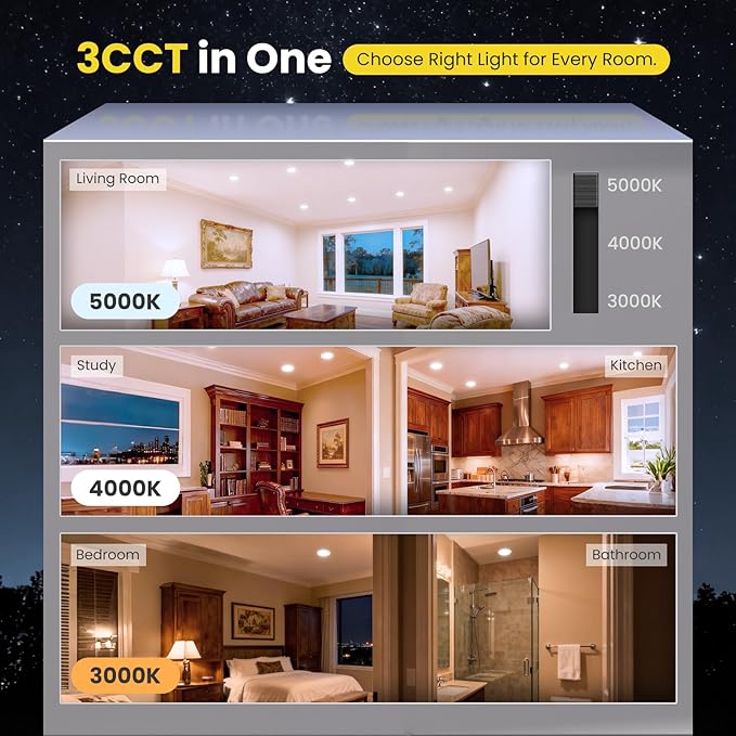 Recessed Lighting 4 Inch 4Packs, 3CCT 3000/4000/5000K Anti-Glare LED Can Lights, 9W 750LM High Brightness Dimmable Recessed Lights, Easy-to-Install Wafer Light with Junction Box, ETL & FCC & IC