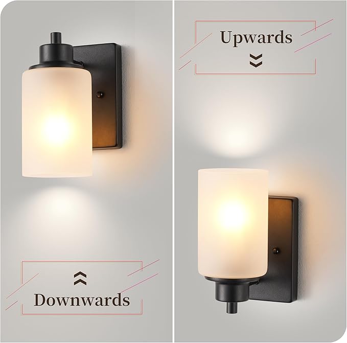 3-Pack Modern Wall Sconces, Indoor Bath Vanity Light Fixture Bathroom for Living Room, Porch, Bedside, Farmhouse Black Finish with White Frosted Glass Shades Wall Mounted Lights