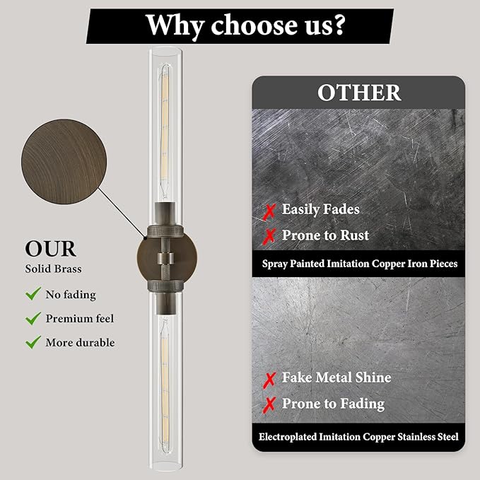 Knurled Brass Bathroom Wall Sconce - Set of 2 Luxury Brushed Antique Gold Sconces - Modern Linear Tube Vanity Lights Fixture with Clear Glass - Dimmable Indoor Lighting for Bedroom Living Room Decor
