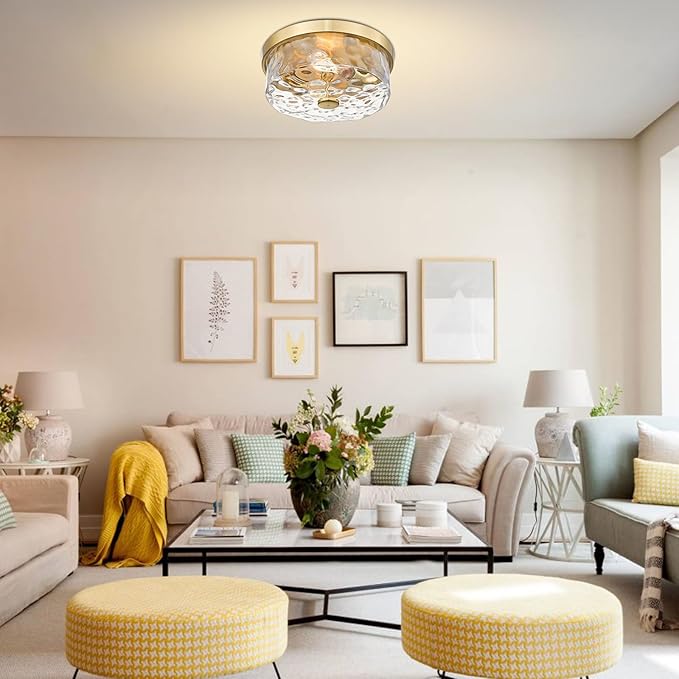 Flush Mount Ceiling Light with Water Ripple Glass Shade, Modern 2-Light Ceiling-Mount Light Fixtures for Bedroom Living Room Gold Metal Farmhous Ceiling Lamp for Lighting and Decoration