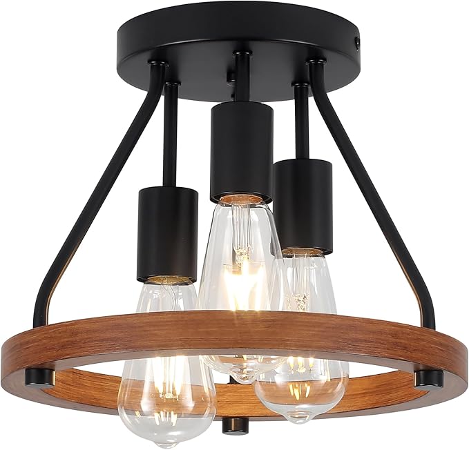 Modern Farmhouse Wood Semi Flush Mount Ceiling Light, Hallway Light Fixtures, Entryway Light Fixture, 3-Light Rustic Industrial Ceiling Lamp for Kitchen Bedroom Laundry Dining Room Lighting Fixtures