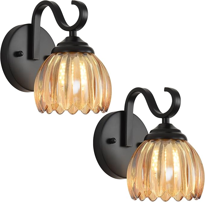 lobolighting Vintage Wall Sconce with Amber Tulip Glass Lampshade Set of Two Black Sconce Bathroom Vanity Light Fixtures Hardwired Modern Wall Lighting Fixture for Bedroom Bedside Door Header