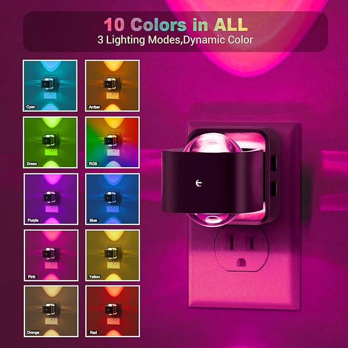 JandCase Night Lights Plug into Wall,10-Colored Changing Night Light for Kids,180° Rotatable Plug RGB LED Nightlight with Dusk to Dawn Sensor for Halloween Decoration, Children Room,Party