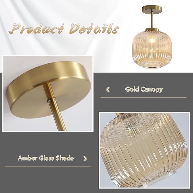 KCO Lighting Amber Glass Ceiling Lamp Mid Century Modern Ceiling Lights Gold Brass Semi Flush Mount Ceiling Light Small Bathroom Ceiling Light Fixtures