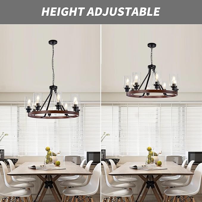 Lanhall 8-Light Farmhose Chandelier for Dining Room Light Fixture Faux Wood Kitchen Pendant Light Round Rustic Ceiling Hanging Lighting with Glass Globes Adjustable Height Metal E26