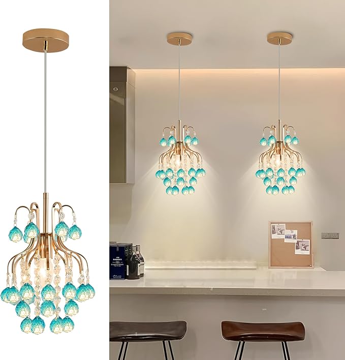 Surpars House Elegant Mini Chandelier Flush Mount Crystal Pendant Light,Golden (Blue Shade)