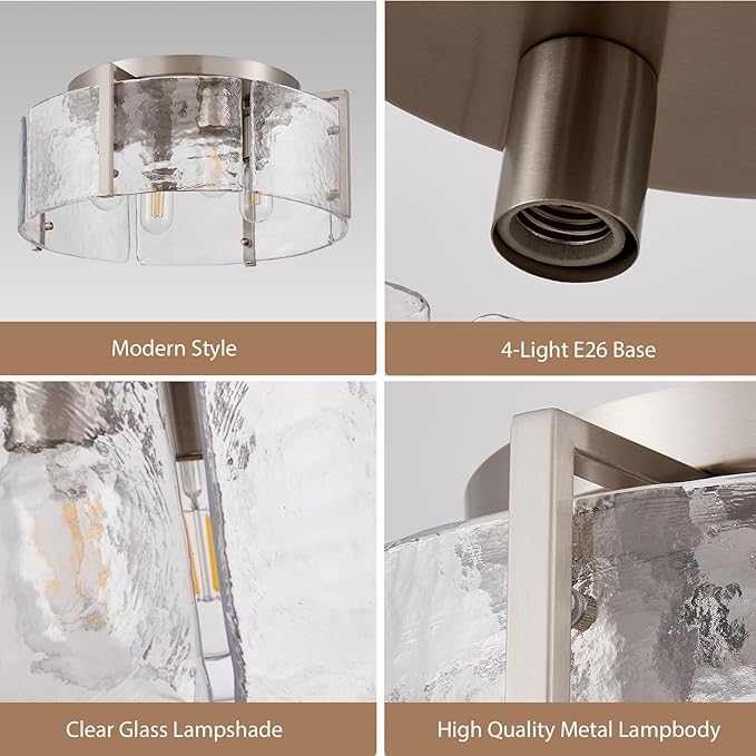 17.3“ Semi Flush Mount Ceiling Light Fixture Brushed Nickel 4-Light Modern Water Ripple Chandelier Glass Light Fixture for Entryway Hallway Kitchen Island Dining Room Foyer Bedroom Hallway