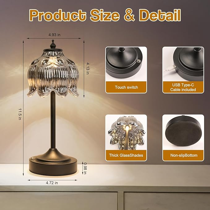 Cordless Lotus Flower Table Lamp, 5200mAh Rechargeable Battery Operated Portable Lamp, 3-Color Dimmable Touch Control Small Desk Lamp for Bedroom, Office, Kitchen, Nightstand,Room Decor(Black)