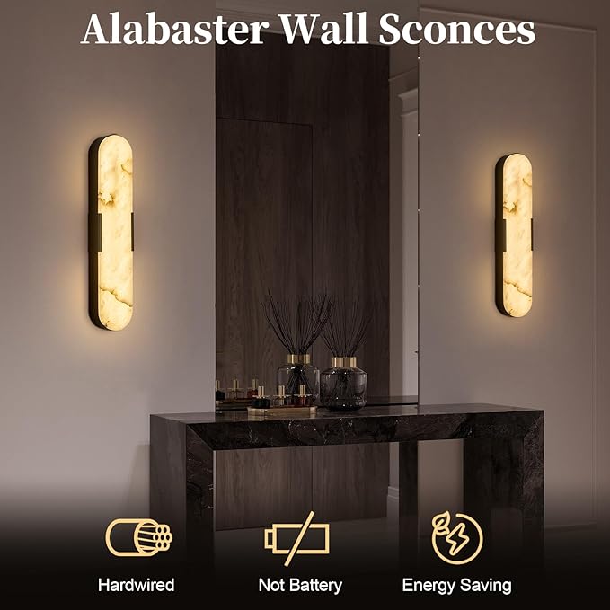 Alabaster Wall Sconces 20" Black Natural Marble Wall Sconce LED Hardwired Lighting Fixture Marble Bathroom Vanity Sconce Luxury Indoor Alabaster Wall Lamps for Living Room Hallway Stairway