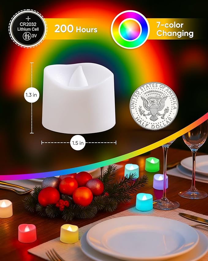 Raycare 24 Pack 7-Color Changing Battery Operated Tea Lights, 200+Hour Electric Flameless Candles, Realistic Votive LED Tea Lights for Wedding Party Halloween Thanksgiving Christmas Decorations