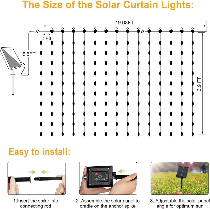 DBFAIRY Solar Curtain Lights 300 LED Outdoor Curtain Lights Waterproof | 19.6 x 3.9ft Solar Twinkle Curtain Lights with Remote Timer Dimmable for Garden Party Wedding Decór, Cool White