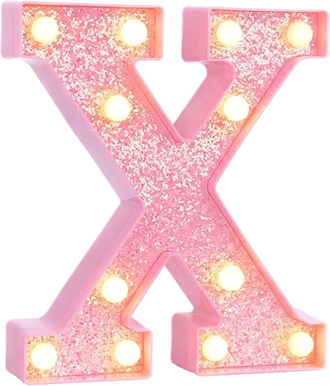 Pink Marquee Light Up Letters, Glitter Alphabet LED Letter Lights for Pink Birthday Party Decorations, Battery Operated Letter Sign for Girls Room Vanity Table Decor, Warm White Lights Letter X