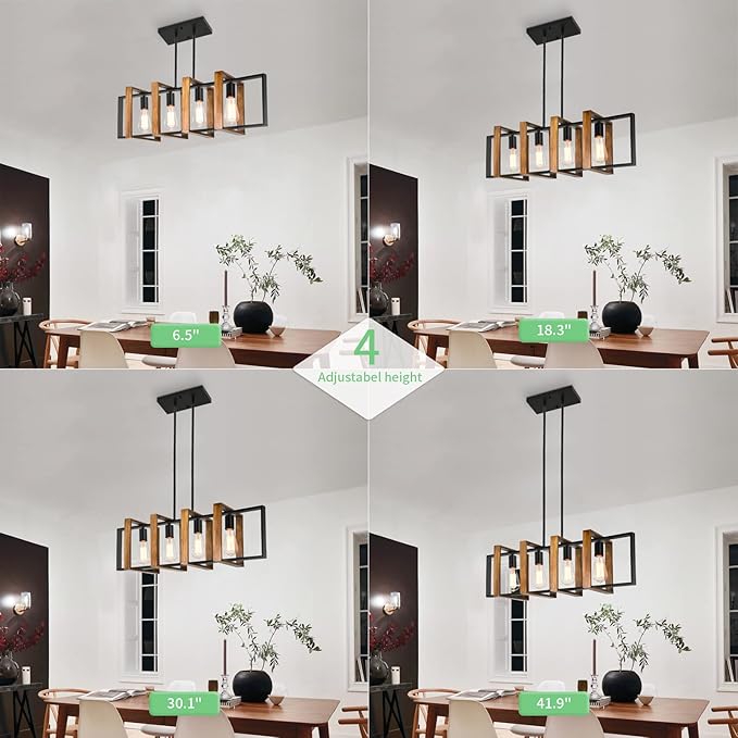 Antique Wood Chandelier Island Lights for Kitchen, 31.5" Pendant Lights Kitchen Island Lighting, 4-Light Rectangular Wood Black Rustic Farmhouse Chandeliers for Dining Room Light Fixtures Over Table