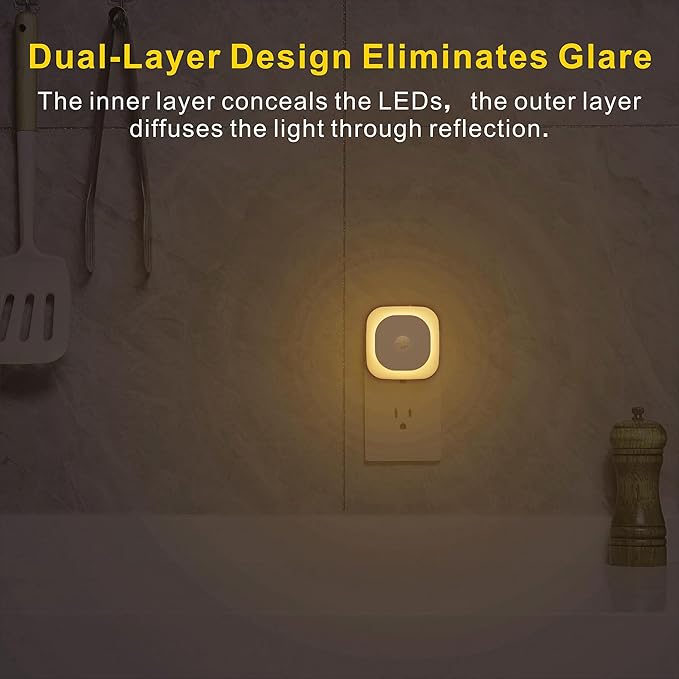 YUNLEX 2 Pack Plug in Night Light with Motion Sensor & Dusk to Dawn Sensor, 3 Sensor Modes, Dimmable, Reflected Light, Warm White Nightlight for Living Room, Bathroom, Hallway, Stairs, as Mother Gifts