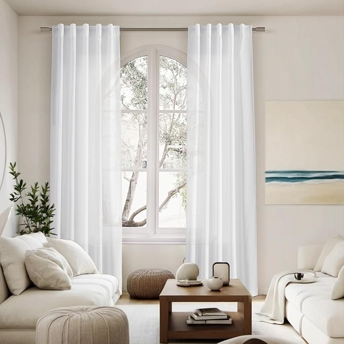 Linen White Curtains 96 Inches Long 2 Panels Set Back Tab Rod Pocket Semi Sheer Light Filtering Window Curtain Drapes Neutral Modern Aesthetic Long Curtains for Living Room Bedroom Decor 40x96