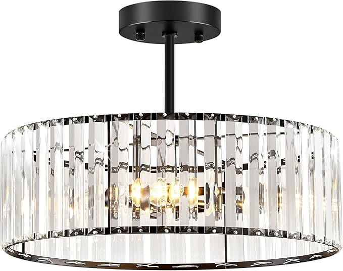 Black Crystal Ceiling Light Fixture, Modern Semi Flush Chandelier, Round Hanging Lighting Chandeliers for Dining Room, Kitchen, Bedroom, 3-Light, 15.74 Inch
