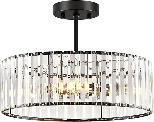 Black Crystal Ceiling Light Fixture, Modern Semi Flush Chandelier, Round Hanging Lighting Chandeliers for Dining Room, Kitchen, Bedroom, 3-Light, 15.74 Inch