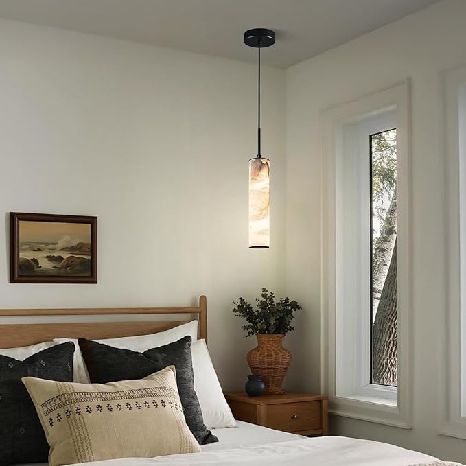 LMQNINE Natural Alabaster Pendant Lights for Kitchen Island White Marble Long Tube Chandelier 4000K Black Modern Ceiling Light Fixtures for Living Room Bedroom Dining Room Table Hallway(S-2Pack)
