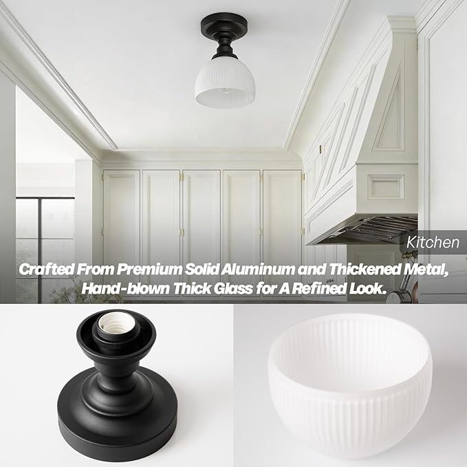 Modern Schoolhouse Semi Flush Mount Ceiling Light,Black Close to Ceiling Light Fixtures with Hand-Blown Glass Hallway Light Fixtures for Laundry Entryway Kitchen Bathroom Bedroom E26 Base
