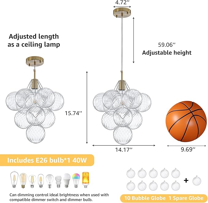 Dining Room Chandelier 14.17", Modern Brushed Gold Pendant Light Bubble Ceiling Light Chandelier Vintage Hanging Light Fixtures with 10 Swirled Glass Globe for Foyer Bedroom Kitchen, Include E26 Bulb