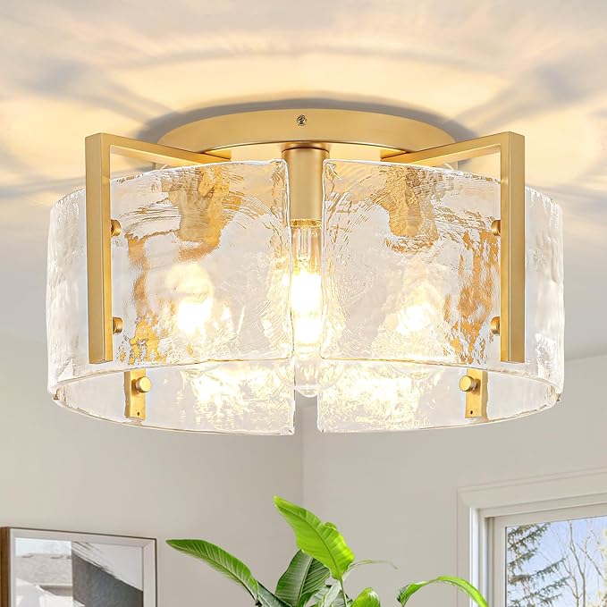18.5'' Modern Gold Semi Flush Mount Ceiling Light, 4-Light Glass Drum Light Fixtures, Ceiling Lights for Hallway Foyer Entryway Bedroom Kitchen Island Dining Room Living Room Bathroom Lighting Fixture