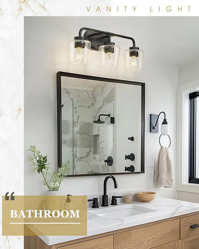 Bathroom Light Fixtures, 3-Light Matte Black Vanity Lights Over Mirror with Clear Glass, Modern Vanity Lighting Fixtures, AD-22004-3W-BK-C