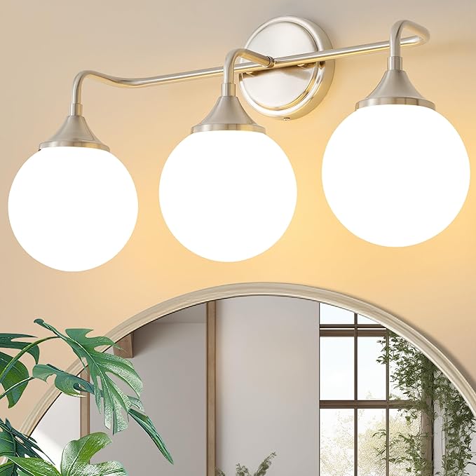 Brushed Nickel Vanity Lights Fixtures, 3-Light Bathroom Vanity Lighting Over Mirror, Modern Bathroom Wall Sconces with Milky White Glass Ball Shades