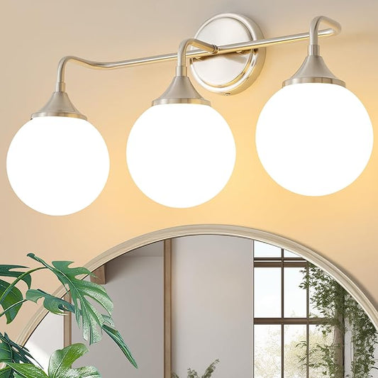 Brushed Nickel Vanity Lights Fixtures, 3-Light Bathroom Vanity Lighting Over Mirror, Modern Bathroom Wall Sconces with Milky White Glass Ball Shades