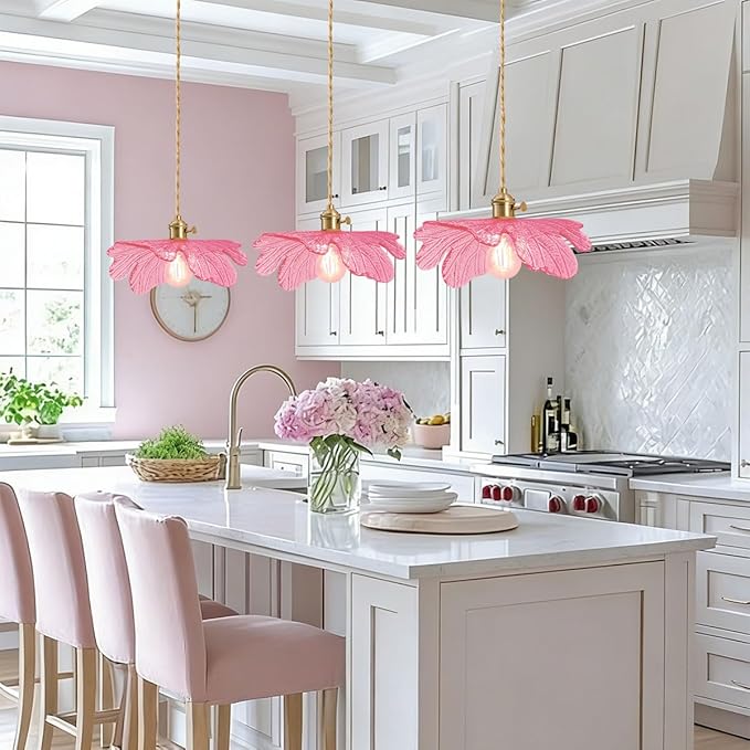 Pink Glass Flower Petal Hanging Light Plug in Pendant Light for Ceiling, 15.7" Gold Mid Century Boho Ceiling Pendant Lighting for Bedroom Living Dining Room, Beautiful Light Fixtures