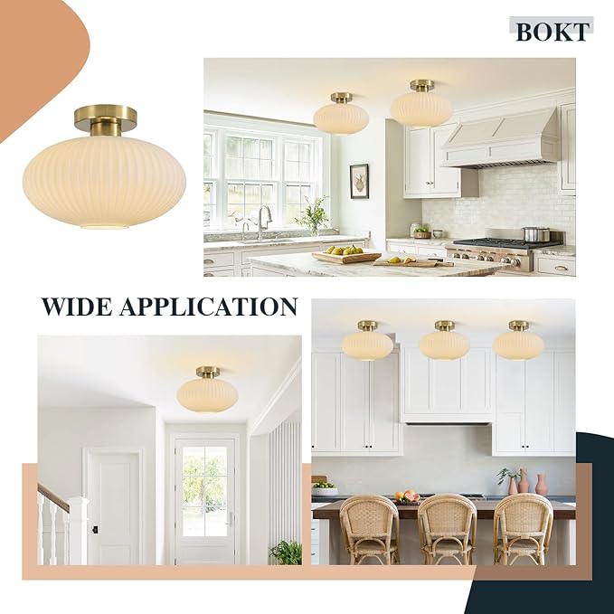 BOKT Mid Century Modern Ceiling Light Fixture Milk White Ribbed Glass Ceiling Light Nursery Close to Ceiling Stairway Gold Semi Flush Mount Ceiling Lamp 11.8"