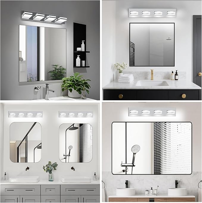 IZORRO LED Modern Bathroom Lights Fixtures(4-Light,Dimmable,360°Rotate),Chrome Acrylic Wall Lighting,Vanity Lights for Bathroom Over Mirror - 6000k 24In （No Assembly Required）