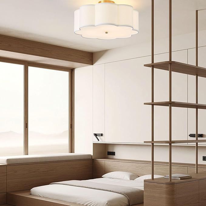 17.7" Semi Flush Mount Ceiling Light Fixture, 3-Light Modern Close to Ceiling Light with Fabric Flower-Shaped Shade, Light Fixtures Ceiling Mount for Bedroom Nursery(Gold)