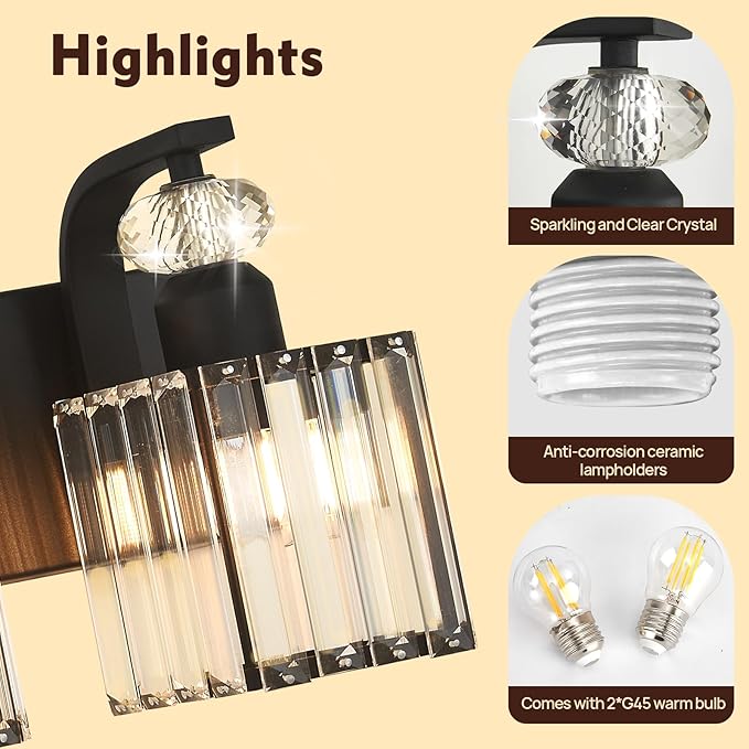 Modern Bathroom Vanity Light, 2-Light Black Bathroom Lighting Fixtures Over Mirror, 12.6" Crystal Wall Light Sconce for Bathroom/Bedroom/Vanity, Includes LED Bulbs, Easy Installation