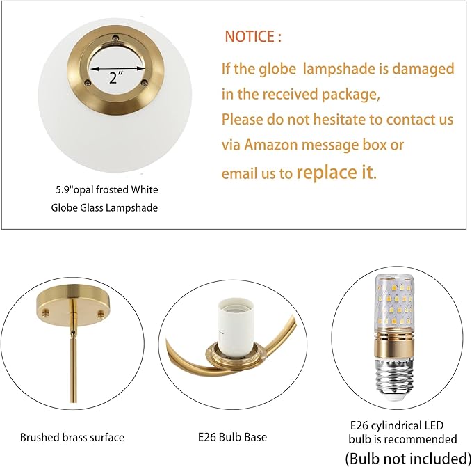 BYOLIIMA Modern Gold Globe Pendant Light Mid Century Chandelier 1-Light Brushed Brass Ceiling Hanging Lighting Fixture with White Globe Glass Shade for Kitchen Island Dining Room Bedroom