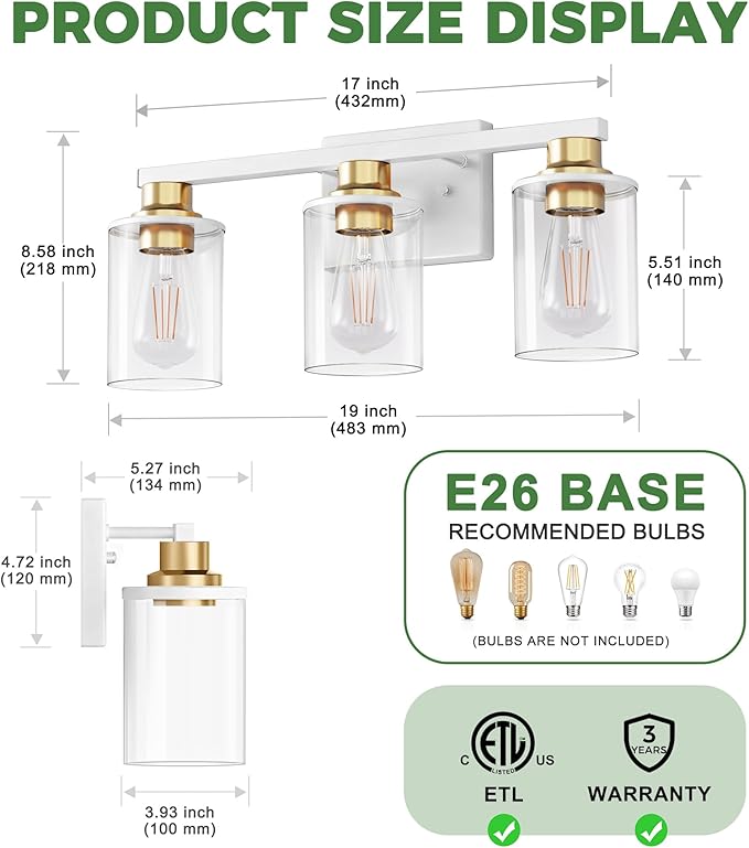 DORESshop 17 Inch Bathroom Light Fixtures, 3-Light White and Gold Bathroom Lighting Fixtures Over Mirror with Clear Glass Shade, Vanity Lights for Living Room Bedroom