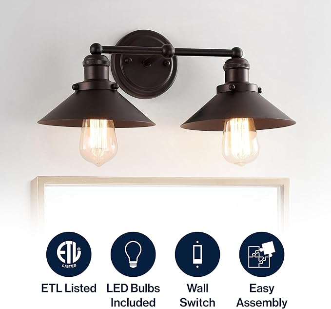 JONATHAN Y 17.5" Oil Rubbed Bronze 2-Light Industrial Farmhouse Metal Vanity Light Wall Sconce, Metal Shade for Bathroom Mirror, Kitchen, Entryway, LED Bulb Included (JYL7427A)