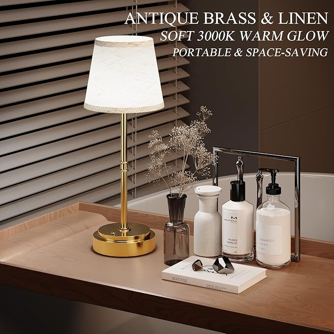 Cordless Table Lamp Rechargeable - Portable LED Desk Lamp for Dining Room,Bedroom,Patio - 2-in-1 Adjustable Height (16"/11") Touch Light - Stepless Dimmable(Warm White) (Antique Brass, 2 Pack)