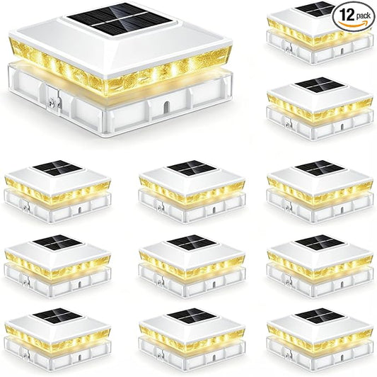 Solar Post Cap Lights 12 Pack, IP65 Waterproof Outdoor Fence Post Solar Lights for 3.5x3.5 & 4x4 Wood/Vinyl Posts, 10-12 Hours Upgraded Warm/Cool White Glow for Garden/Patio/Porch - White